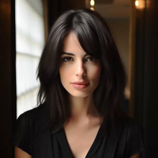 [elle a les cheveux de sa chevelure de couleur noir avec des reflets de couleur châtains foncé ] [very short straight hair]